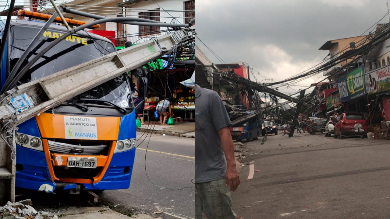 Ônibus perde o controle, sobe em calçada e derruba poste na Compensa