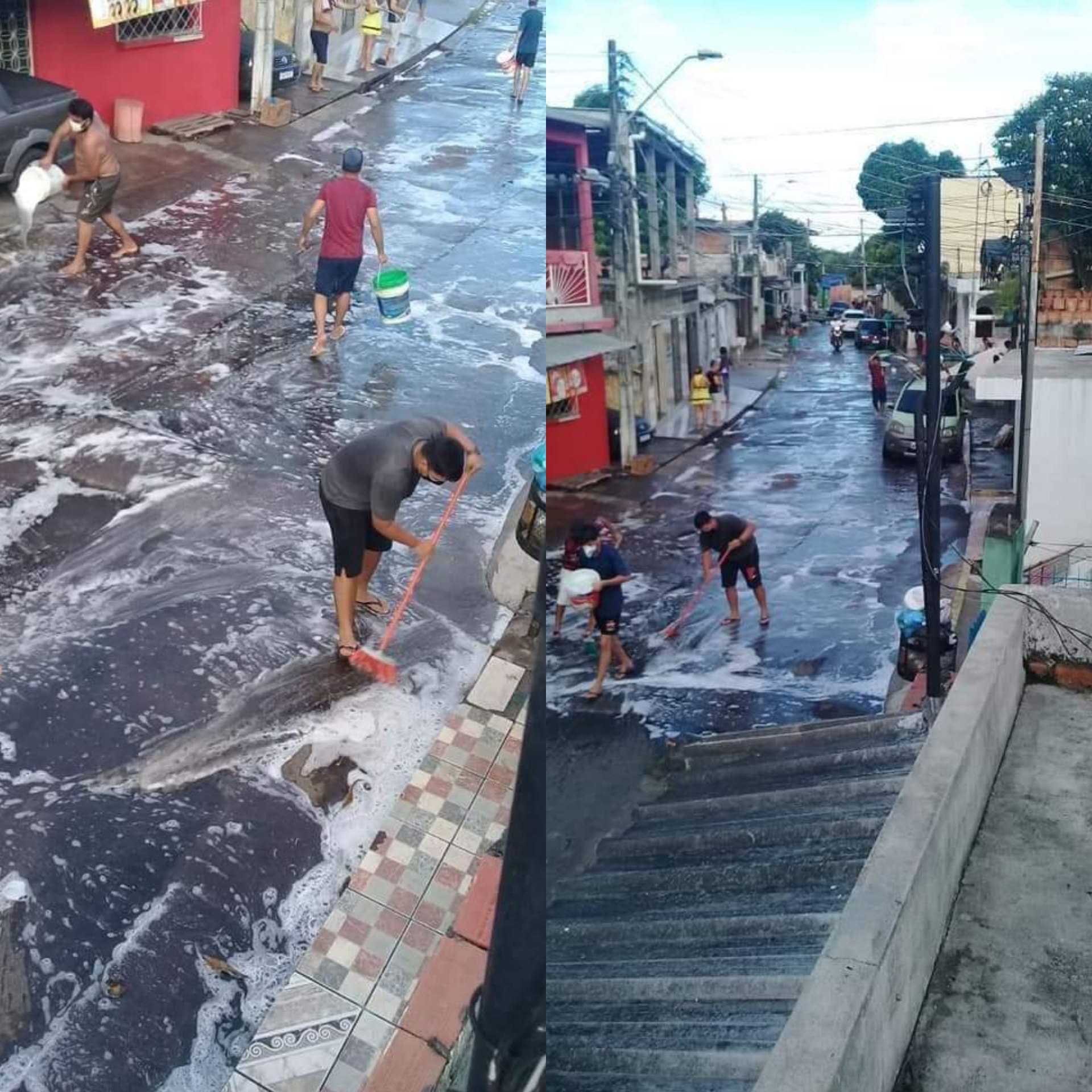 Moradores da compensa dão exemplo no combate ao vírus e limpam as ruas do bairro
