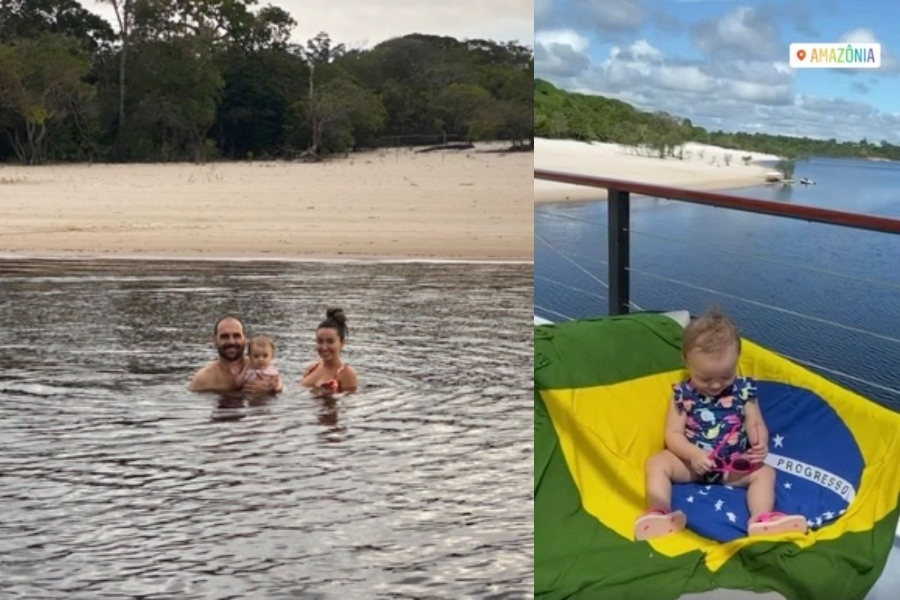 Eduardo Bolsonaro, esposa e filha passeiam pelo Amazonas; veja vídeos